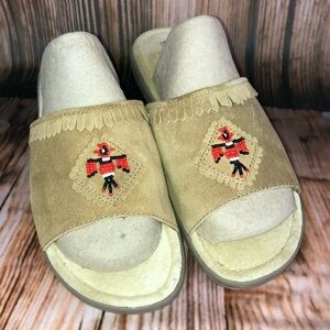 Minnetonka Brown Suede Leather Fringe Beaded Sandals Slides